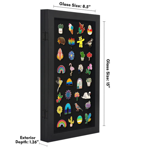 Compact Wall Mounted Pin Display Case Black 15 By 8.5 Inch Collector Showcase Rack Holds Enamel Badges Medals And Treasures, displaying various colored enamel pins.