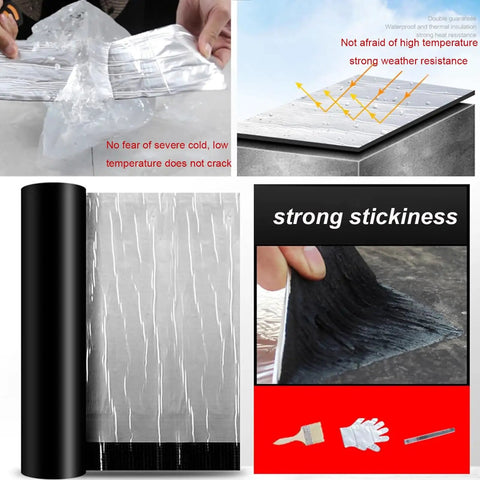 Heavy Duty Self Adhesive Roofing Felt Tape With Reflective Aluminum Foil Backing, showing unwrapped roll and application details.