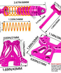 Pro Grade Aluminum Front And Rear Full Metal Shocks With Shock Tower Upgrade Kit For 1/18 LaTrax Teton Desert Prerunner RC, Replaces 7660 7665 7637, Pink Finish, Heavy Duty Damping, Easy Install shown in detail with measurements