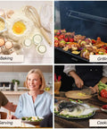 Four food prep scenes: baking ingredients, grilling skewers, serving food, and cooking fish with various ingredients.
