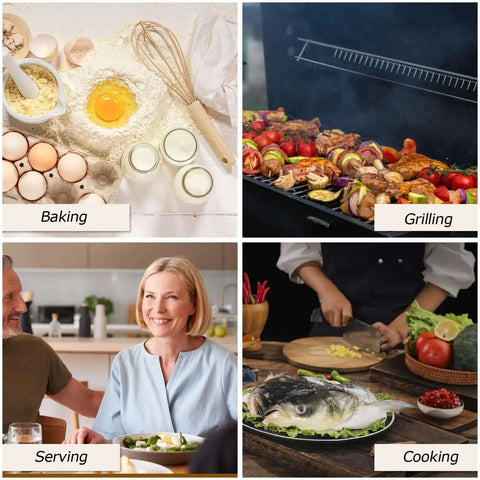Four food prep scenes: baking ingredients, grilling skewers, serving food, and cooking fish with various ingredients.
