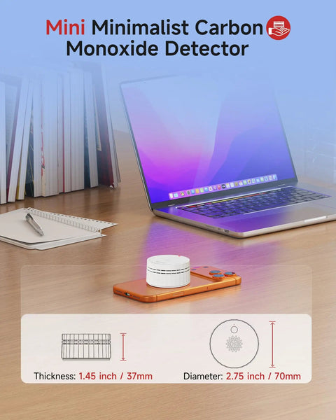 Smart Carbon Monoxide Detector With Matter Thread Real Time Alerts UL 2034 5th Edition Certified on desk near laptop