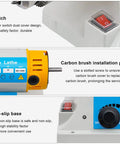Close-up of Pro Grade Bench Polisher Lathe Kit 320W switch, carbon brush port, and non-slip base, 800 to 10000 RPM