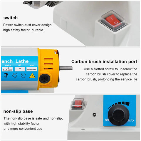 Close-up of Pro Grade Bench Polisher Lathe Kit 320W switch, carbon brush port, and non-slip base, 800 to 10000 RPM