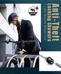 Man securing bike with Anti Theft Bicycle Locking Skewer Set With 7 Lobe Security Key, city background, product showcase insert.
