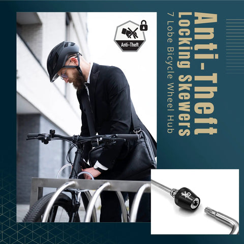 Man securing bike with Anti Theft Bicycle Locking Skewer Set With 7 Lobe Security Key, city background, product showcase insert.