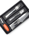 Swanky Four Compartment Utensil And Cutlery Drawer Organizer Tray In Matte Black For Kitchens Or Junk Drawers With Drainage Mesh Bottom Keeps Mess Out Made In Usa with utensils organized.