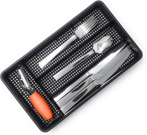 Swanky Four Compartment Utensil And Cutlery Drawer Organizer Tray In Matte Black For Kitchens Or Junk Drawers With Drainage Mesh Bottom Keeps Mess Out Made In Usa with utensils organized.