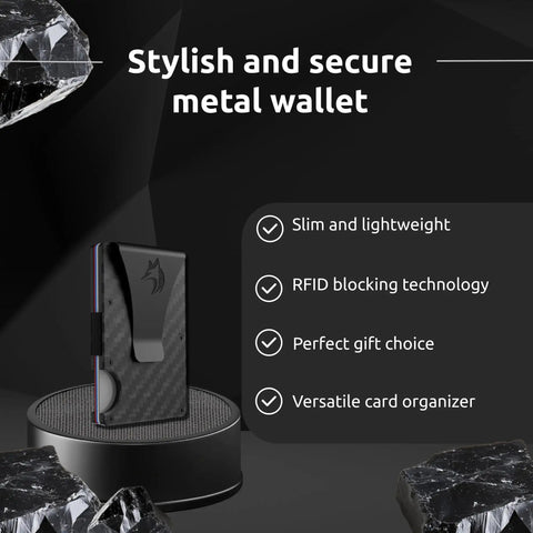 Ultra Slim RFID Blocking Wallet For Men With Money Clip Carbon Fiber Build, lightweight design displayed on black platform
