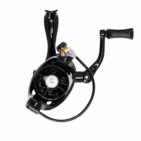 Back view of VC20BB Finesse 2000 Sized Spinning Reel With Dope Carbon Fiber Frame For Lightweight Strength, showing internal gears.