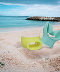 Two Pack Silicone Snorkel Mouthpiece Replacement For Scuba Regulators, Durable Grade A Silicone, Yellow and Aqua Blue on beach