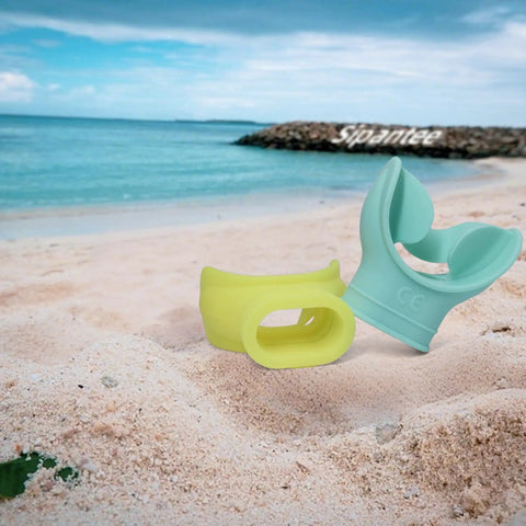 Two Pack Silicone Snorkel Mouthpiece Replacement For Scuba Regulators, Durable Grade A Silicone, Yellow and Aqua Blue on beach