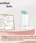 Knock Out Wide Neck Glass Breastmilk Bottles Two Pack With Secure Screw Ring And Removable Marking Lid Bpa Free No Sweat Safe for Showing BPA-free certification and storage bottle.