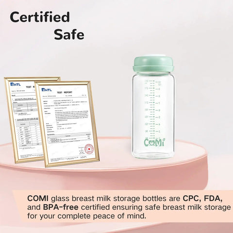 Knock Out Wide Neck Glass Breastmilk Bottles Two Pack With Secure Screw Ring And Removable Marking Lid Bpa Free No Sweat Safe for Showing BPA-free certification and storage bottle.