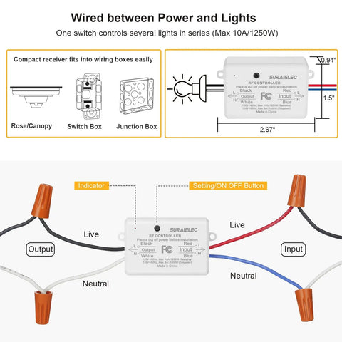 Diagram showing wiring of Wireless Remote Light Switch Kit With 100 Ft RF Range No Wiring No WiFi Needed Pre Programmed Expandable Wall Switch And Receiver For Lamps Ceiling Lights And Fans.
