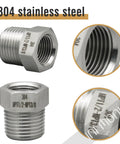 304 stainless steel reducer hex bushing, 1/2 in male to 3/8 in female NPT, high-pressure pipe adapter front and side views
