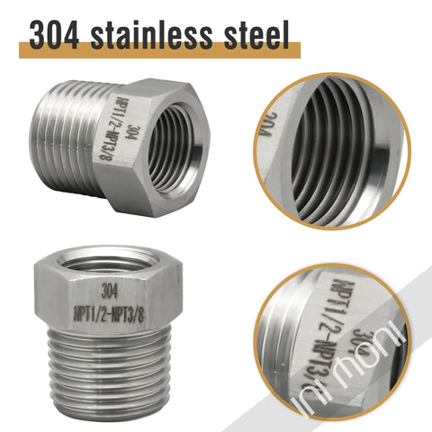 304 stainless steel reducer hex bushing, 1/2 in male to 3/8 in female NPT, high-pressure pipe adapter front and side views