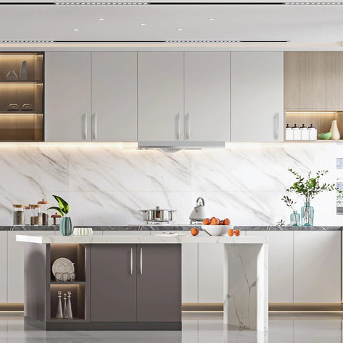 Modern kitchen with 10 Pack 5 Inch Brushed Satin Nickel Cabinet Handles For Kitchen Cabinets Cupboards And Drawers, sleek design.