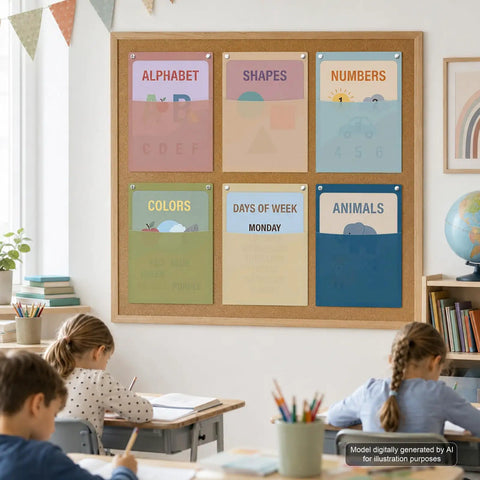 Classroom with 12Pcs Plastic Oversized Wall Pockets 12.6 x 9.4 Inches Hanging Wall File Organizer displayed on board.