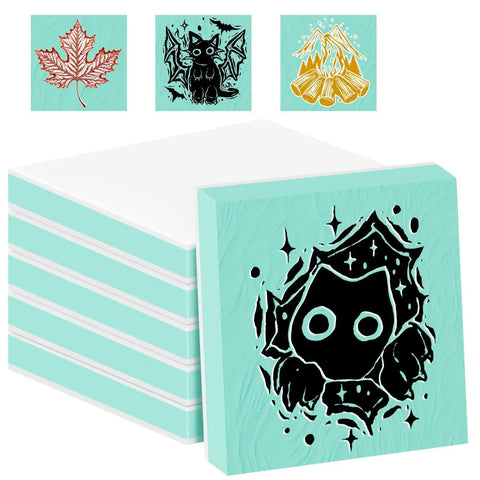 2x2 Inch Rubber Carving Blocks Stamp Making Kit For Beginners With Ink Pads Carving Knife And Wooden Roller DIY Linoleum Block Printmaking Set in White and Green showing designs.