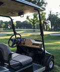 Heavy Duty Magnetic Golf Cart Side Mirrors That Snap Straight On Without Drilling Holes For Crystal Clear Wide Angle Sightlines And No Sweat Rear Navigation Today, mounted on a golf cart showing interior details.