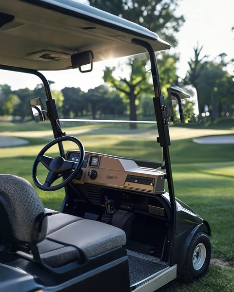 Heavy Duty Magnetic Golf Cart Side Mirrors That Snap Straight On Without Drilling Holes For Crystal Clear Wide Angle Sightlines And No Sweat Rear Navigation Today, mounted on a golf cart showing interior details.