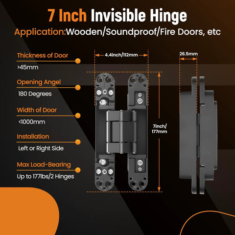 7 Inch Invisible Door Hinge Set For Heavy Doors With 180 Degree Concealed Opening 3 Way Adjustable High Load Capacity Supports Up To 177 Lbs Fits Door Thickness Over 45mm Black Finish 2 Pack By MaXpeedingrods