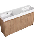 60 Inch Bathroom Resin Vanity Sink Featuring Sleek Modern Style with white double basin and wooden cabinet base.
