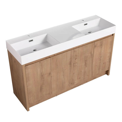 60 Inch Bathroom Resin Vanity Sink Featuring Sleek Modern Style with white double basin and wooden cabinet base.