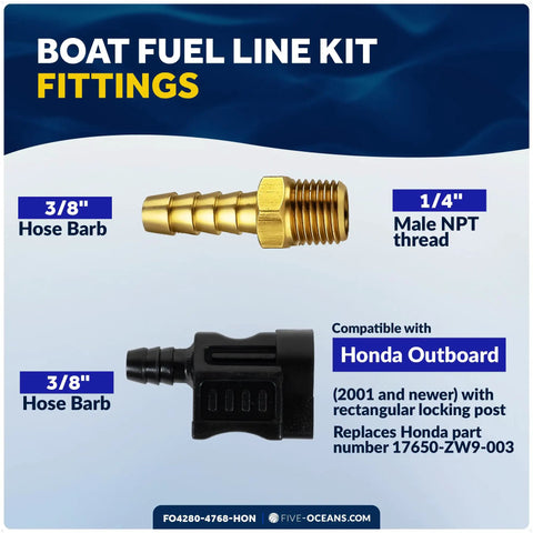 Marine Boat Fuel Line Kit With Primer Bulb fittings for Honda Outboards showing brass connector and black locking post.