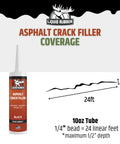 Pro Grade Asphalt Crack Filler For Driveways, Parking Lots And Walkways Self Leveling Waterproof Sealant That Deeply Fills Cracks, Stops Water Intrusion And UV Damage, Black 10 Oz, 1 Pack tube image showing coverage details including 10 oz tube, 1/4 inch bead covering 24 linear feet, maximum 1/2 inch depth.