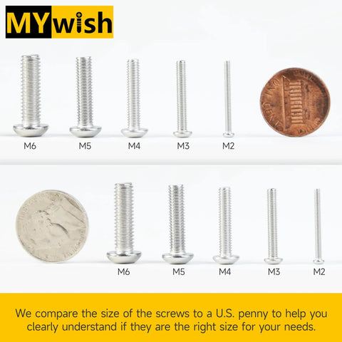 550 Piece M3 Screw Kit With Button Head Hex Socket Screws 304 Stainless Steel Must Have Nuts Flat And Spring Washers In Varied Lengths 6 8 12 14 16 20 25mm For 3D Printer DIY shown next to coins for size comparison.