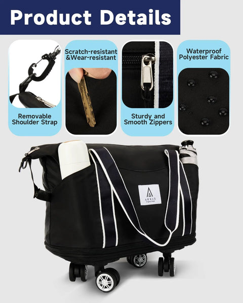 Front view of Arxus rolling duffle bag with wheels and detachable shoulder strap, black polyester carry-on luggage.