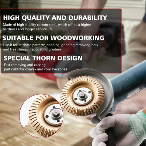 All In One Wood Carving Disc Set For Angle Grinder Five Piece Kit With Four Inch And Four And A Half Inch Shaping Wheels Five Eighth Inch Arbor High Speed Wood Grinding And Polishing Accessories showing high-quality carbon steel design in use.