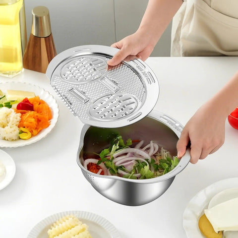 Stainless Steel Rice Strainer Colander With Side Drain, Grater Lid, Hanging Hole, And V-Shaped Bottom, 304 Grade Kitchen Washing Bowl