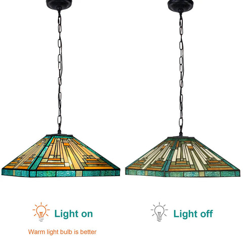 Tiffany Style Pendant Light Fixture 16 Inch Wide Adjustable Height Amber Green Stained Glass Chandelier light on and off