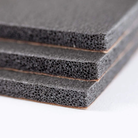 Top Shelf Car Sound Deadener 150 Mil Thick Self Adhesive Closed Cell PE Foam Heat And Cool Liner close-up of stacked sheets.