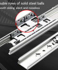 Heavy Duty Side Mount Drawer Slides Rock Solid Soft Close Tool Cabinet Glides Thick Cold Rolled Steel showing double rows of steel balls.