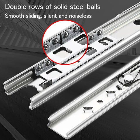 Heavy Duty Side Mount Drawer Slides Rock Solid Soft Close Tool Cabinet Glides Thick Cold Rolled Steel showing double rows of steel balls.