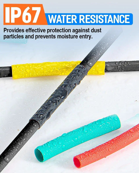 Pro Grade Heat Shrink Tubing Kit With Adhesive Lined Marine Grade Waterproof showcasing water resistance in multiple colors.