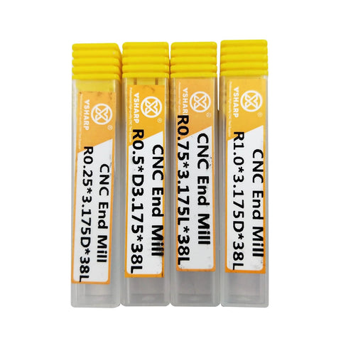Carbide end mills set: four yellow-tipped YSHARP CNC cutters in plastic cases