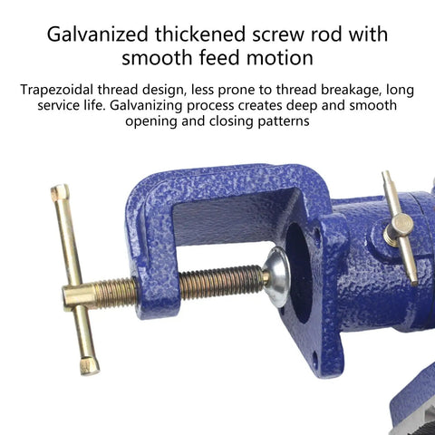 High Strength Carbon Steel Woodworking Bench Vise With 360 Rotation And Dual Control Clamps for precise heavy duty tasks showing galvanized screw rod.