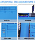 Pro Grade Large Anti Static Mat With Grounding Accessories ESD Safe Heat Resistant Silicone Soldering Mat Magnetic Work Pad showing sections