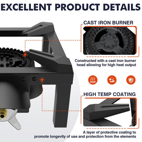 Image showing Beast High-Pressure Outdoor Propane Stove With 100,000 BTU Heat, featuring cast iron burner and high temp coating.