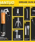 HANTUO grease gun kit with quick-release coupler; orange 14 oz gun with eight accessories.