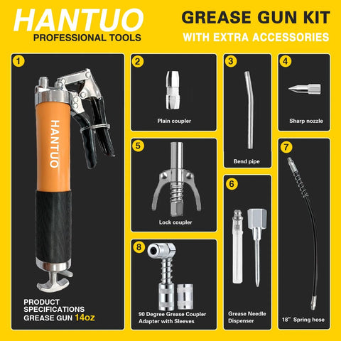 HANTUO grease gun kit with quick-release coupler; orange 14 oz gun with eight accessories.