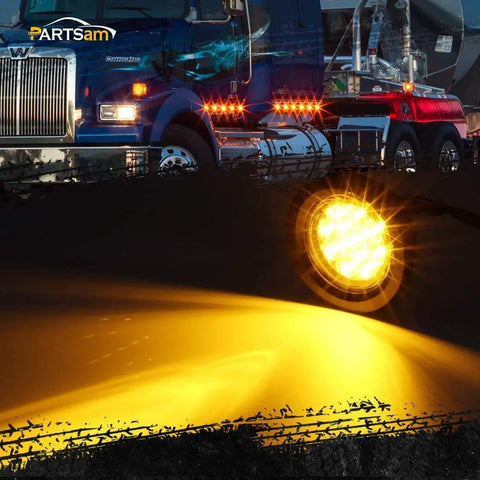 2 Pack 2.5 Inch Round Amber 13 LED Side Marker Clearance Lights With Grommet on truck, bright illumination at night