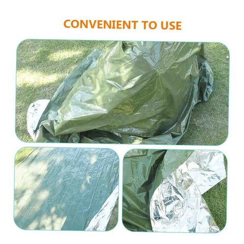 Three Piece Camping Survival Kit With Reflective Thermal Emergency Blanket And First Aid Gear for outdoor use on grass