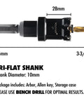 Side view of Heavy Duty 1 Inch Tungsten Carbide Tipped Hole Saw Drill Bit For Hard Metal And Sheet Metal Cutting 25.4mm Cutter For Stainless Steel Iron Wood Plastic Brass Copper With Pilot Bit Arbor And Allen Key Vouyar showing dimensions and tri-flat shank.