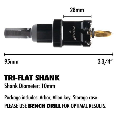 Side view of Heavy Duty 1 Inch Tungsten Carbide Tipped Hole Saw Drill Bit For Hard Metal And Sheet Metal Cutting 25.4mm Cutter For Stainless Steel Iron Wood Plastic Brass Copper With Pilot Bit Arbor And Allen Key Vouyar showing dimensions and tri-flat shank.